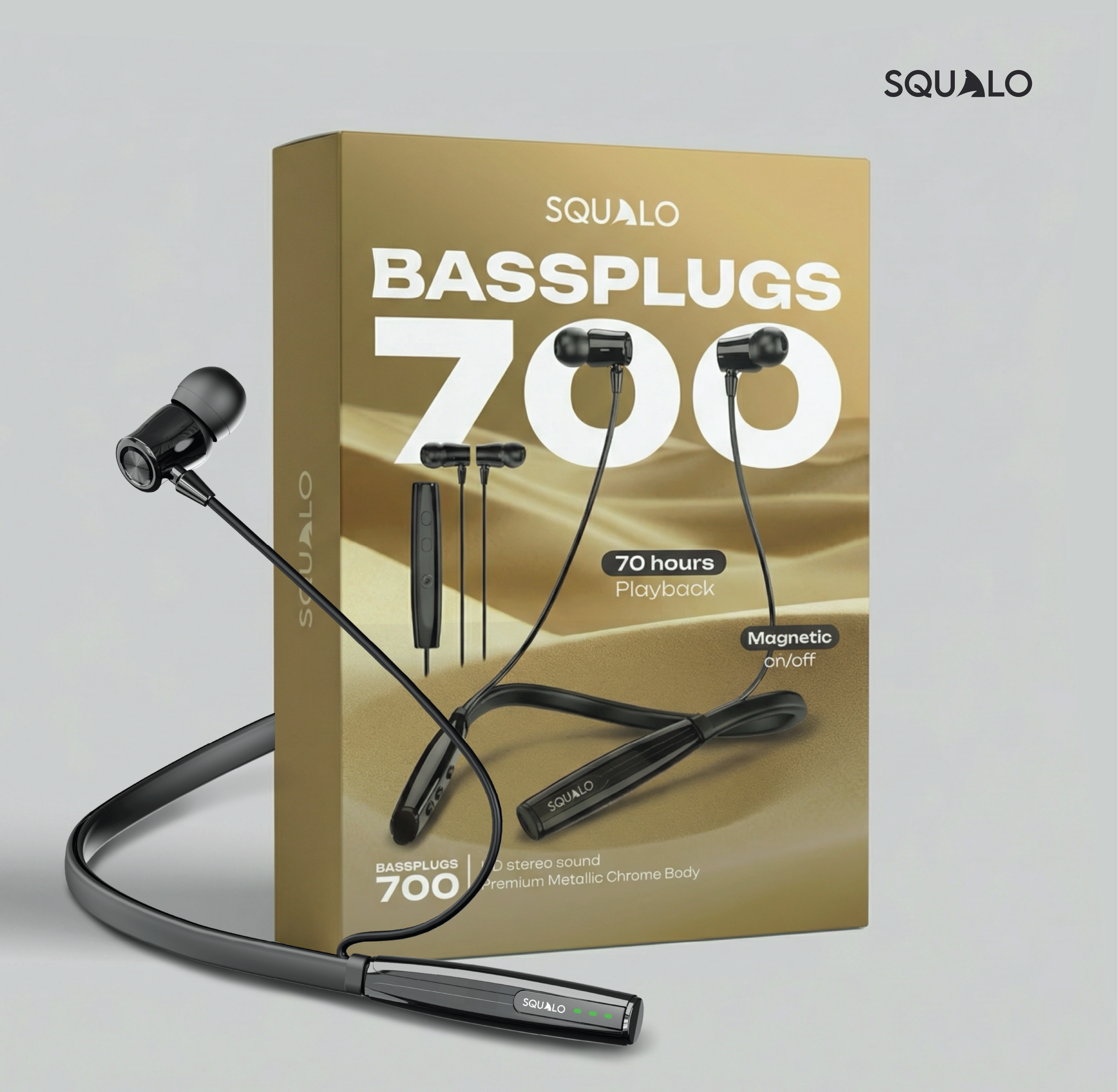 Squalo BassPlugs 700 Neckband Earphones with 70 Hours Playtime, Magnetic On/Off, 13.6mm Dynamic Drivers