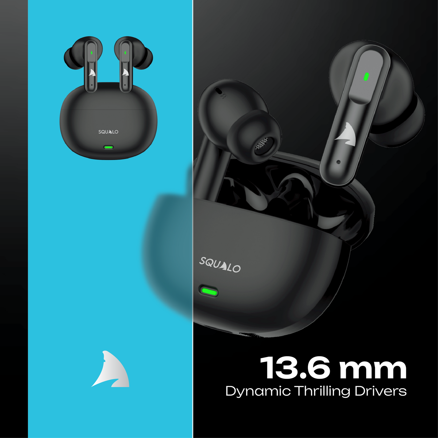 Squalo Lunare Quad Mic TWS with ENC, 13.6mm Drivers for Super Extra Bass, Enhanced Gaming Mode (Made In India)