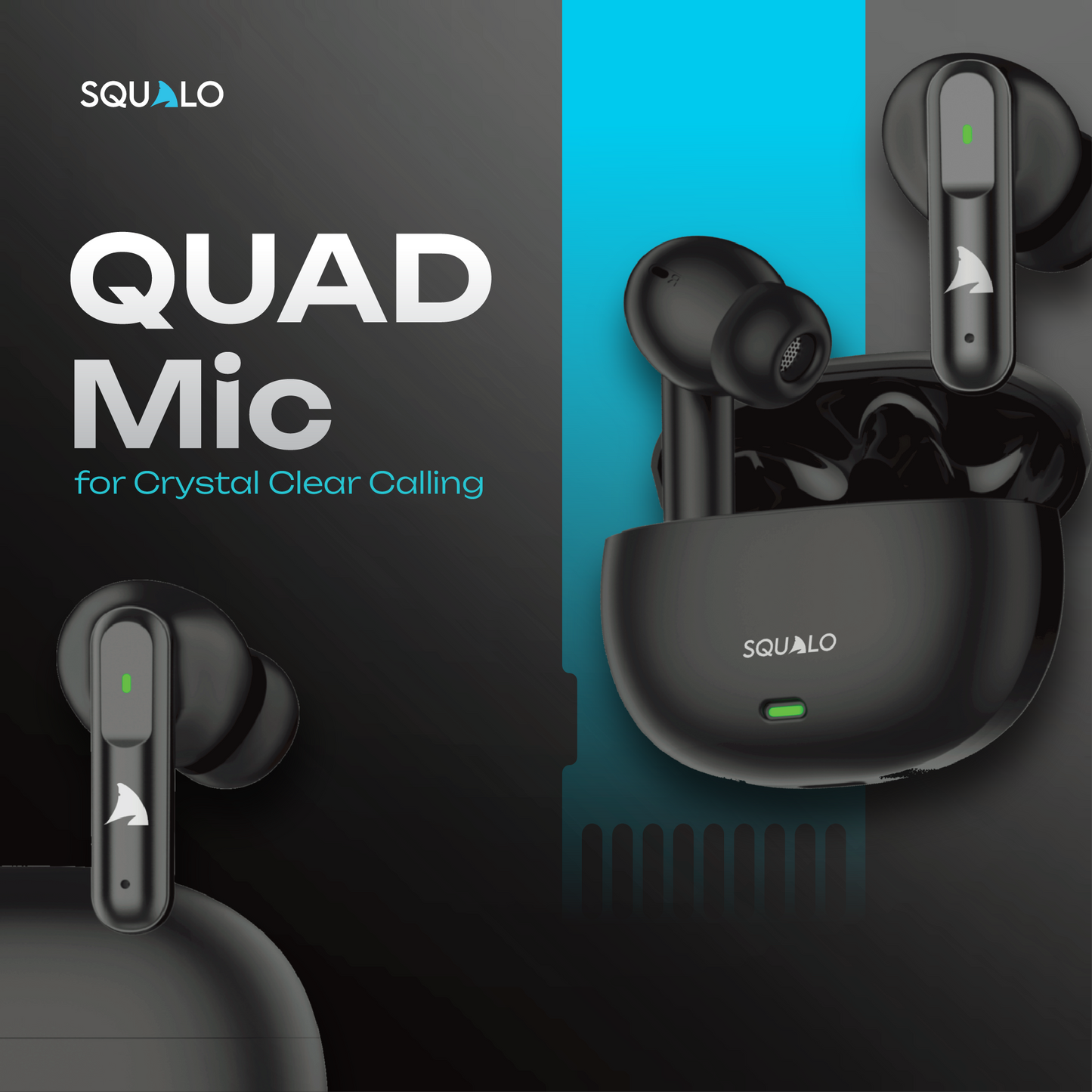 Squalo Lunare Quad Mic TWS with ENC, 13.6mm Drivers for Super Extra Bass, Enhanced Gaming Mode (Made In India)