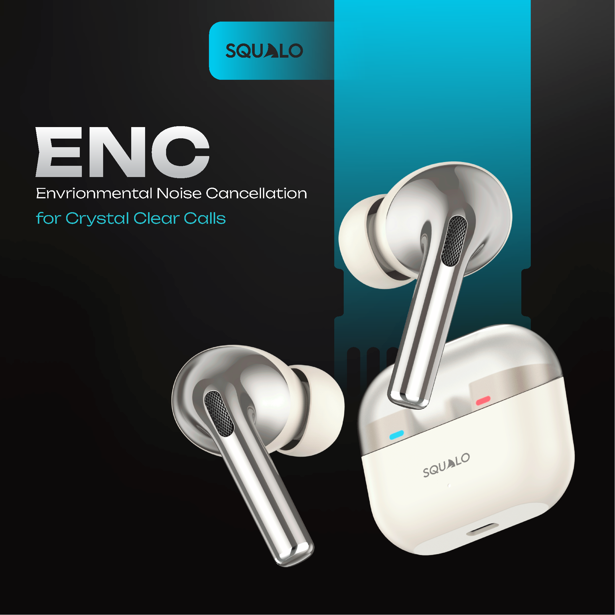 Squalo Onyx Pro Quad Mic TWS with ENC, Premium Chrome Finish , Super Extra Bass, Enhanced Gaming Mode (Made In India)