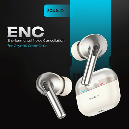 Squalo Onyx Pro Quad Mic TWS with ENC, Premium Chrome Finish , Super Extra Bass, Enhanced Gaming Mode (Made In India)