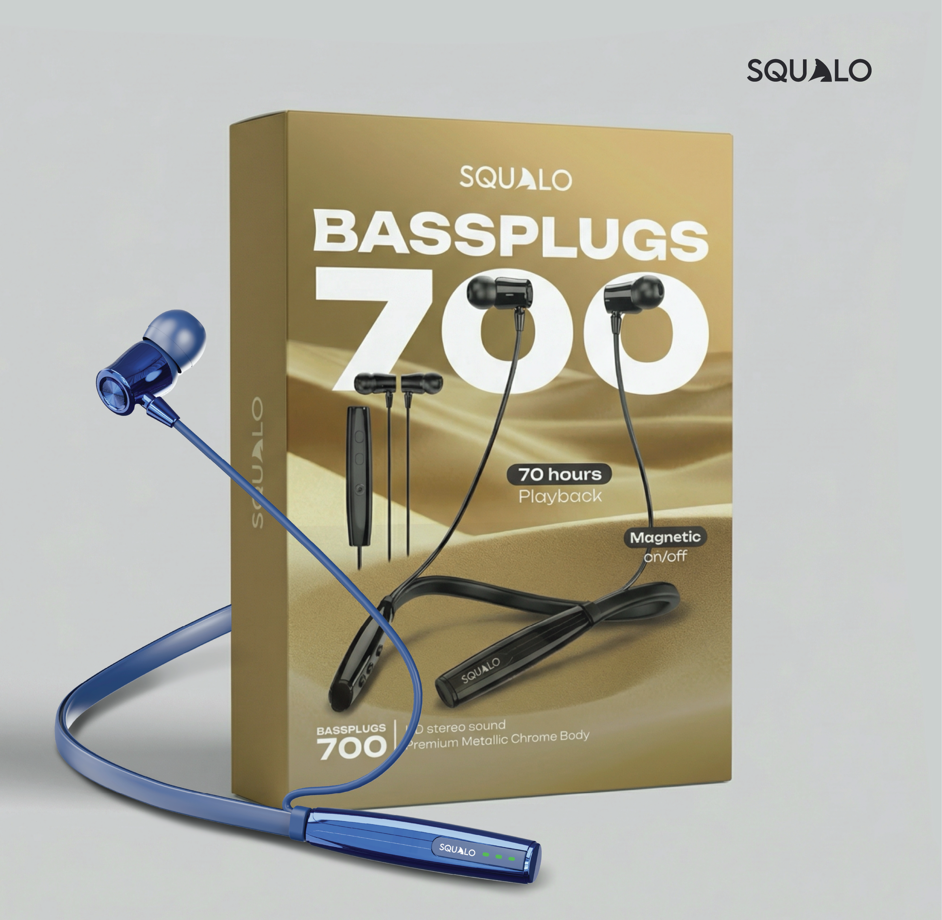Squalo BassPlugs 700 Neckband Earphones with 70 Hours Playtime, Magnetic On/Off, 13.6mm Dynamic Drivers