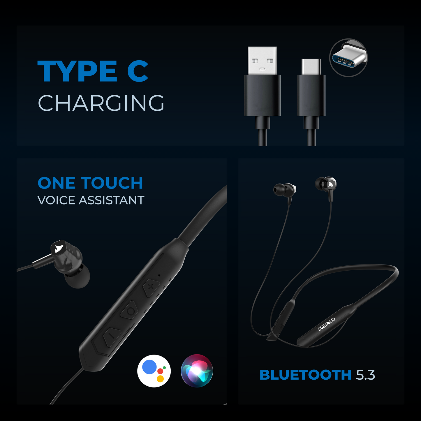 Squalo BassPlugs 151 Neckband Earphones with ENC Mic, Super Extra Bass ＆ Fast Charging (Powered by TechBolt ,Made In India)